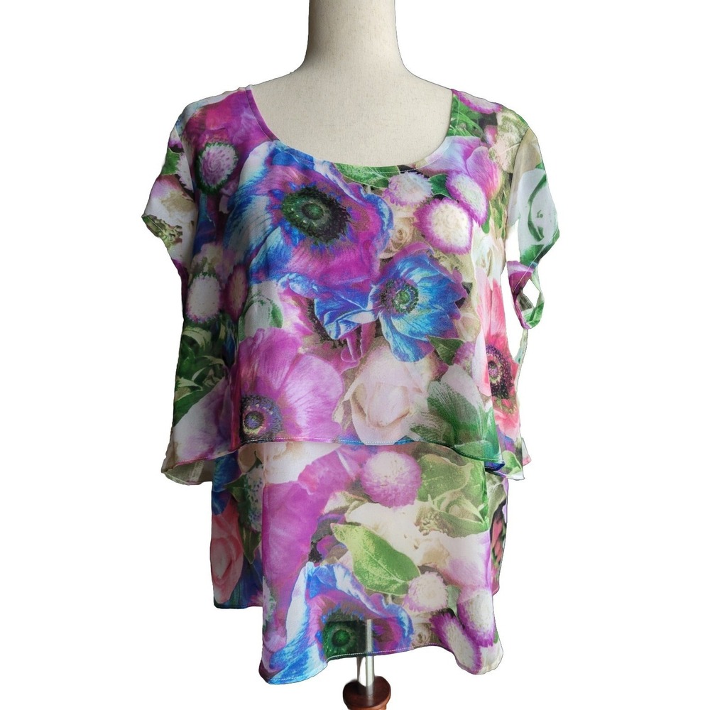 Skye's the Limit Womens Floral Tiered Chiffon Blouse Purple Green Poppy Top L